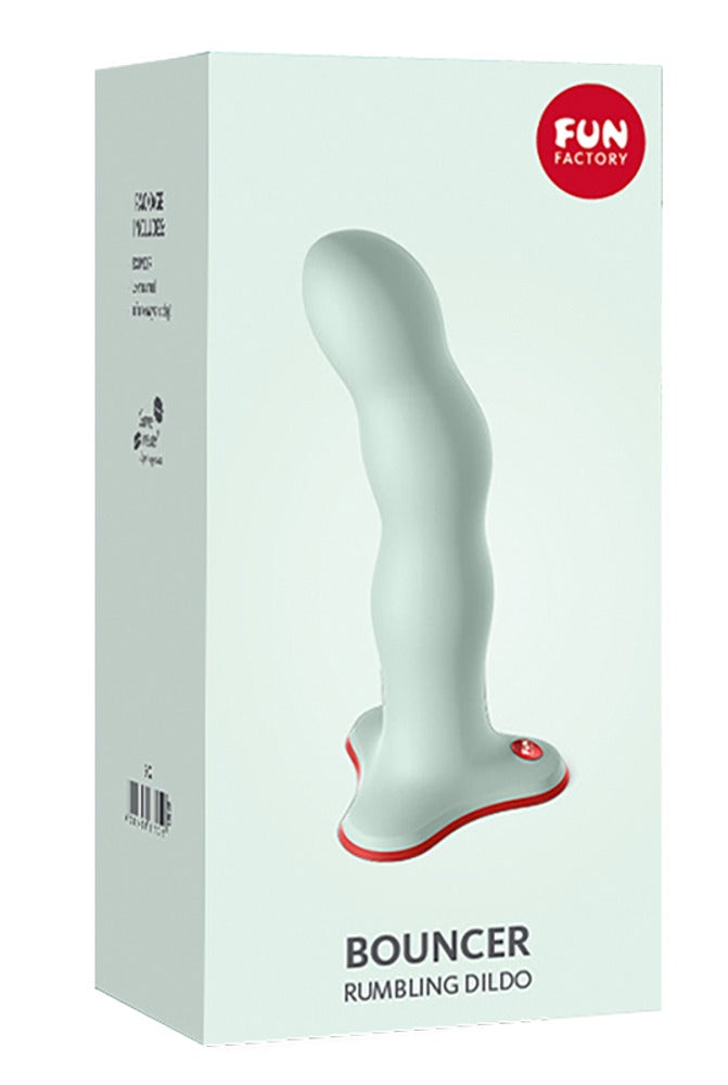 Wonderstate Sexual Wellness Fun Factory Bouncer Dildo in color sage packaging